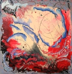 movimenti d'infinito pittura astratta di Barbara Stamegna con linee curve lilla e blu su sfondo rosso e crema con sfumature grige e striature nere