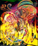immagine astratta dai colori brillanti con rappresentazione come di un fuoco che si manifesta con forme come di fiamme su sfondo variopinto